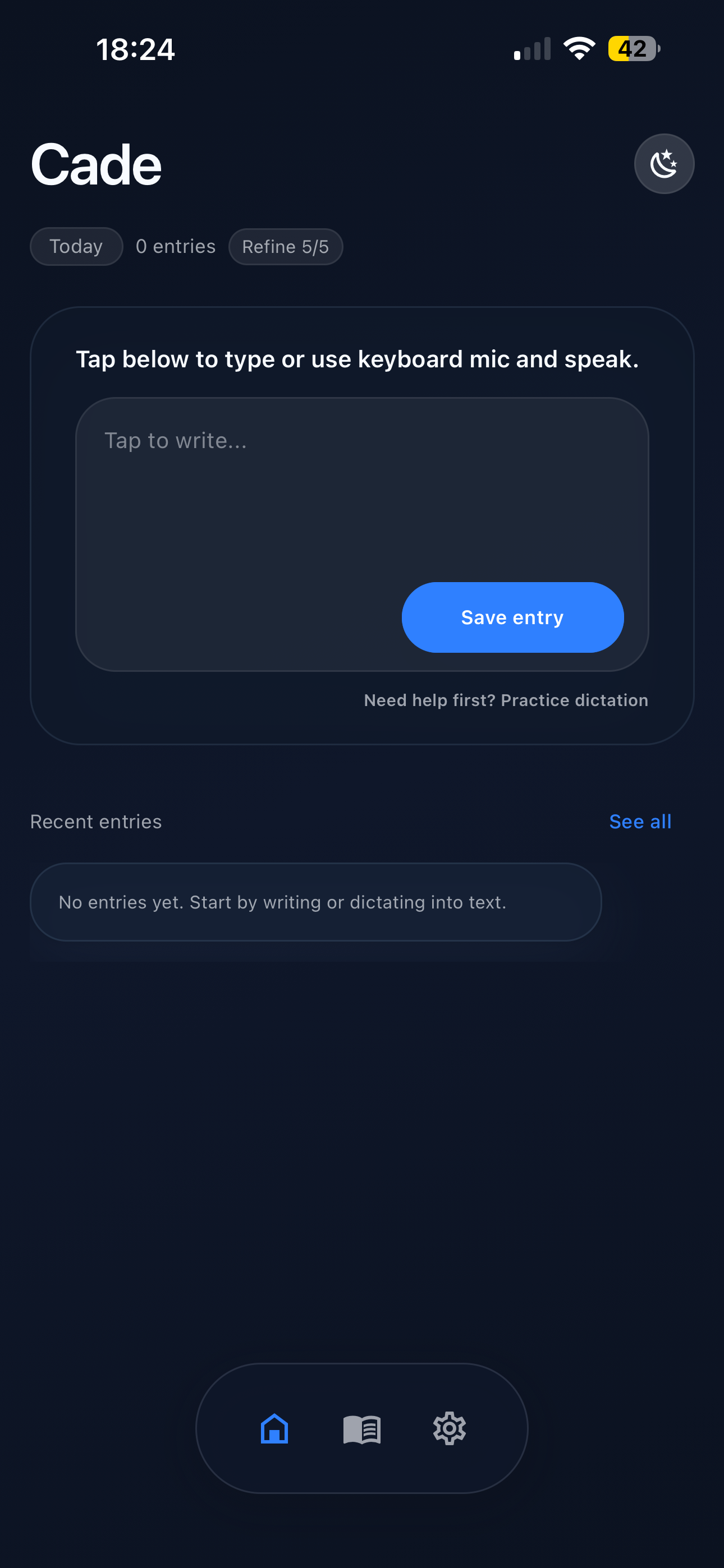 Cade home screen in dark mode